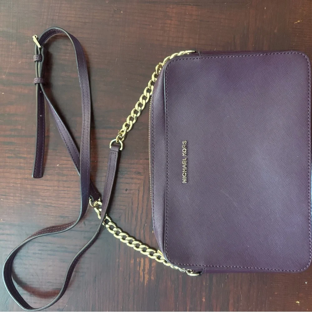 Michael Kors Deep Plum Leather Crossbody with Gold Chain Strap